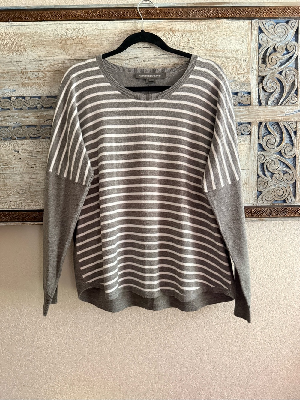 French Connection Gray and White Striped Crewneck Sweater